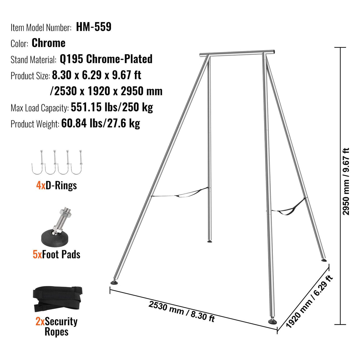 Aerial Yoga Frame, 9.67 ft Height Yoga Swing Stand, Max 551.15 lbs Load Chrome-Plated Steel Pipe Inversion Yoga Swing Stand Yoga Rig Yoga Sling Inversion Equipment for Indoor Outdoor Aerial Yoga