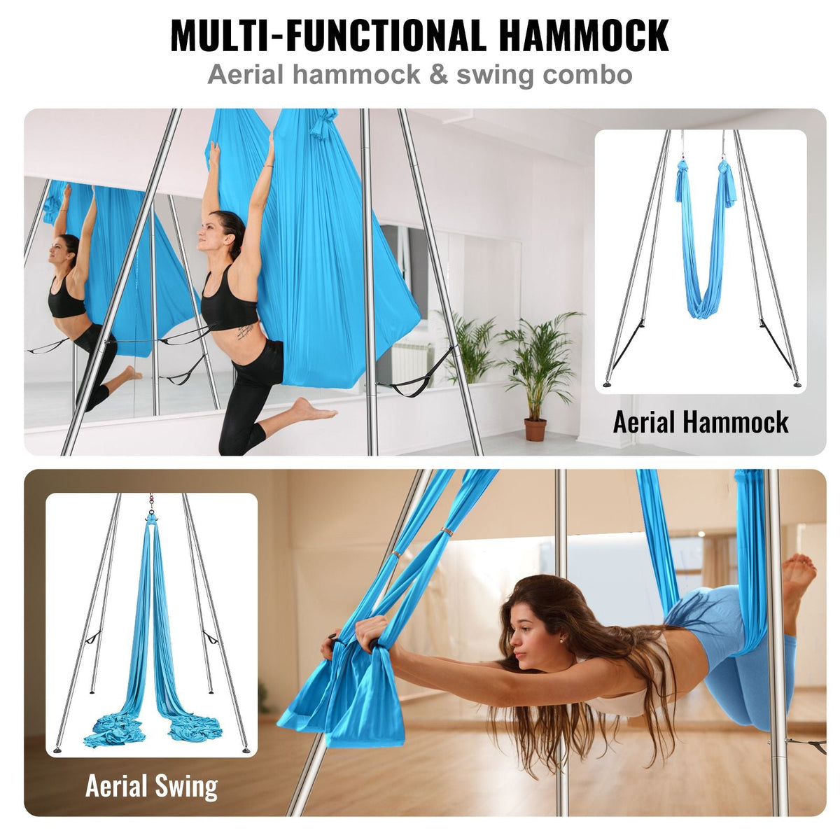 Aerial Yoga Frame & Yoga Hammock, 9.67 ft Height Professional Yoga Swing Stand Comes with 13.1 Yards Aerial Hammock, Max 551.15 lbs Load Capacity Yoga Rig for Indoor Outdoor Aerial Yoga, Blue