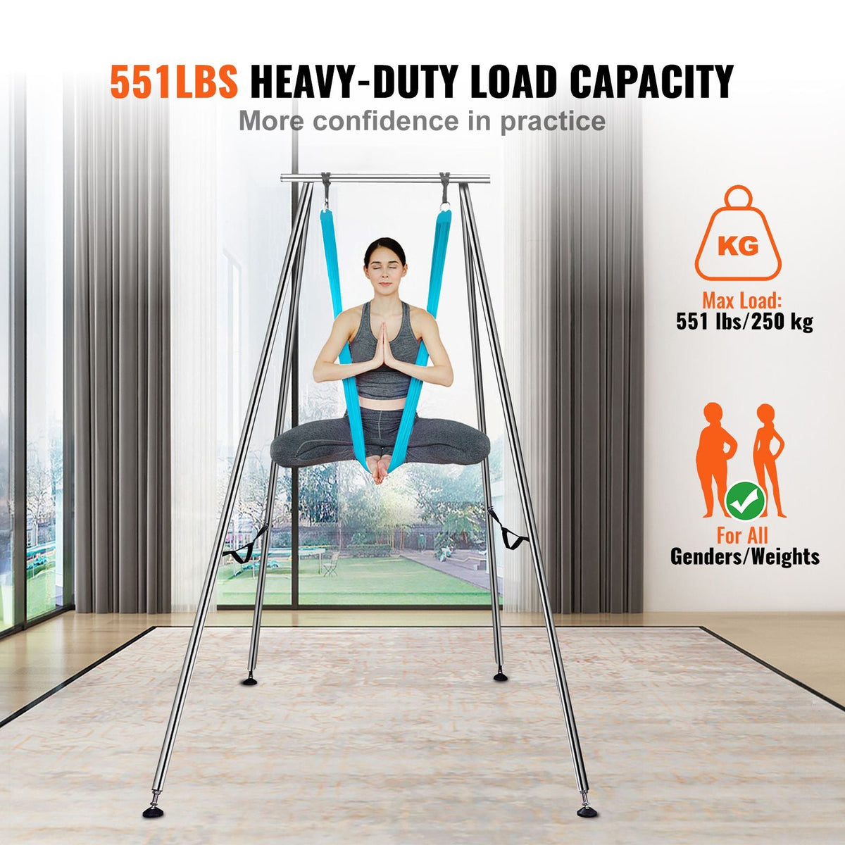 Aerial Yoga Frame & Yoga Hammock, 9.67 ft Height Professional Yoga Swing Stand Comes with 13.1 Yards Aerial Hammock, Max 551.15 lbs Load Capacity Yoga Rig for Indoor Outdoor Aerial Yoga, Blue