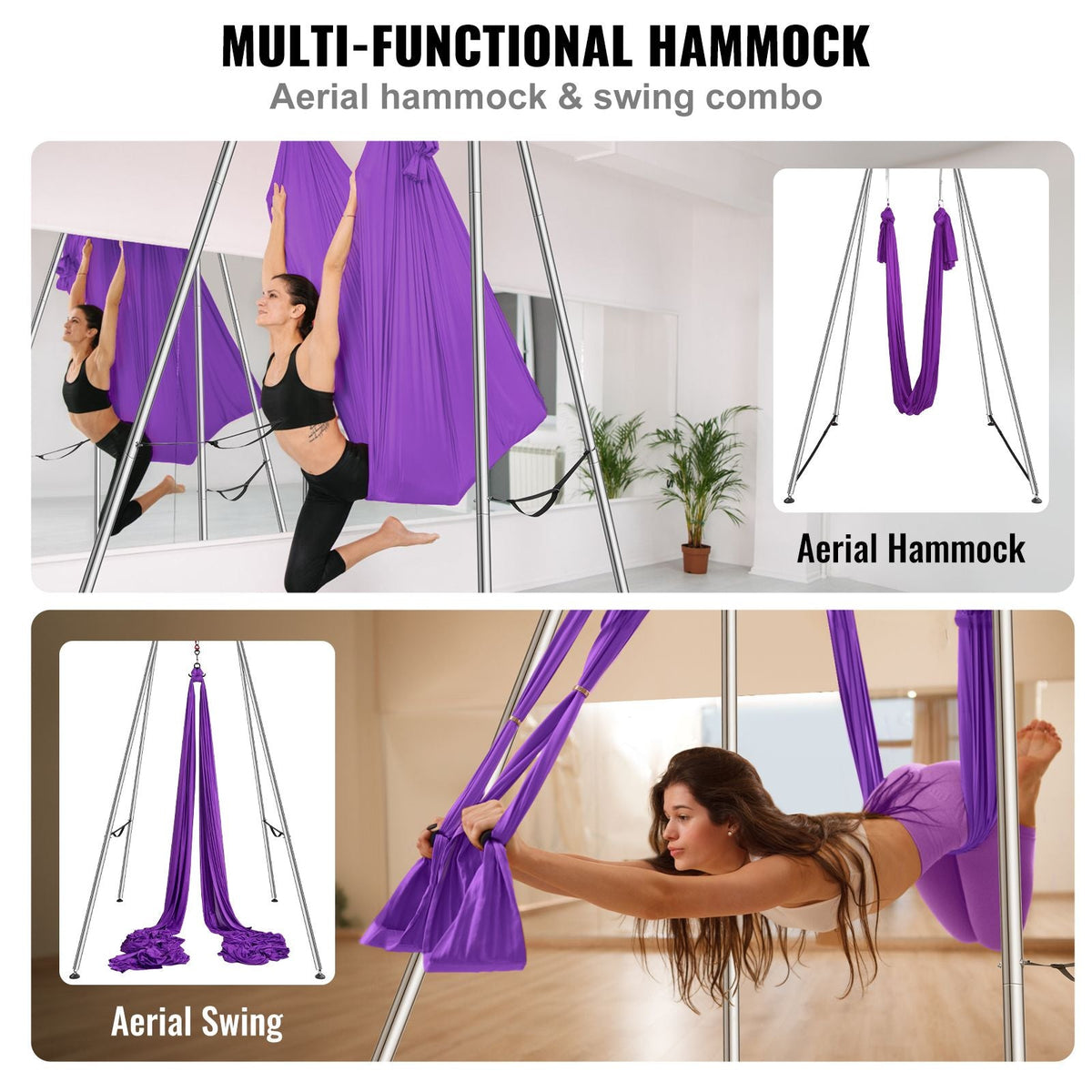 Aerial Yoga Frame & Yoga Hammock, 9.67 ft Height Professional Yoga Swing Stand Comes with 13.1 Yards Aerial Hammock, Max 551.15 lbs Load Capacity Yoga Rig for Indoor Outdoor Aerial Yoga, Purple