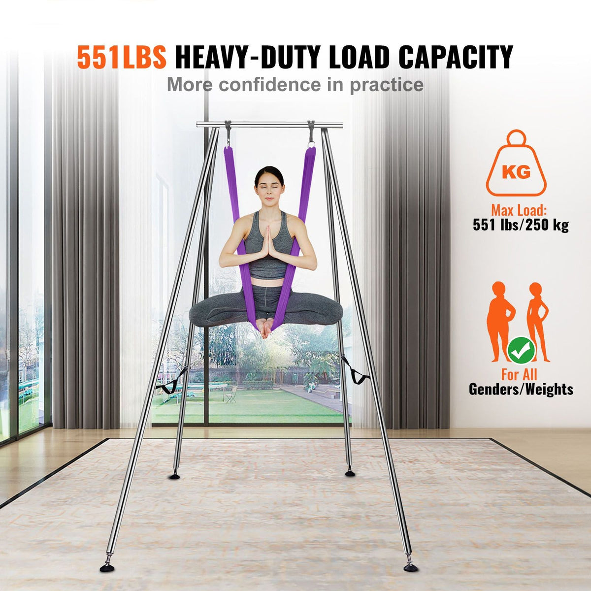 Aerial Yoga Frame & Yoga Hammock, 9.67 ft Height Professional Yoga Swing Stand Comes with 13.1 Yards Aerial Hammock, Max 551.15 lbs Load Capacity Yoga Rig for Indoor Outdoor Aerial Yoga, Purple