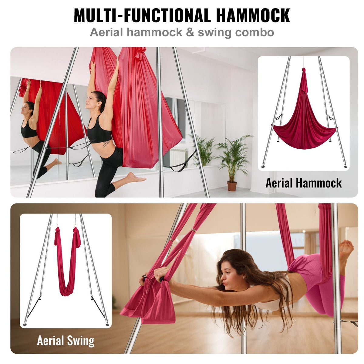 Aerial Yoga Frame & Yoga Hammock, 9.67 ft Height Professional Yoga Swing Stand Comes with 6.6 Yards Aerial Hammock, Max 551.15 lbs Load Capacity, Yoga Rig for Indoor Outdoor Aerial Yoga, Red
