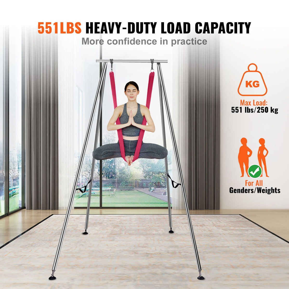 Aerial Yoga Frame & Yoga Hammock, 9.67 ft Height Professional Yoga Swing Stand Comes with 6.6 Yards Aerial Hammock, Max 551.15 lbs Load Capacity, Yoga Rig for Indoor Outdoor Aerial Yoga, Red