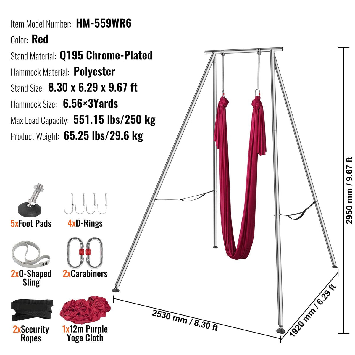 Aerial Yoga Frame & Yoga Hammock, 9.67 ft Height Professional Yoga Swing Stand Comes with 6.6 Yards Aerial Hammock, Max 551.15 lbs Load Capacity, Yoga Rig for Indoor Outdoor Aerial Yoga, Red