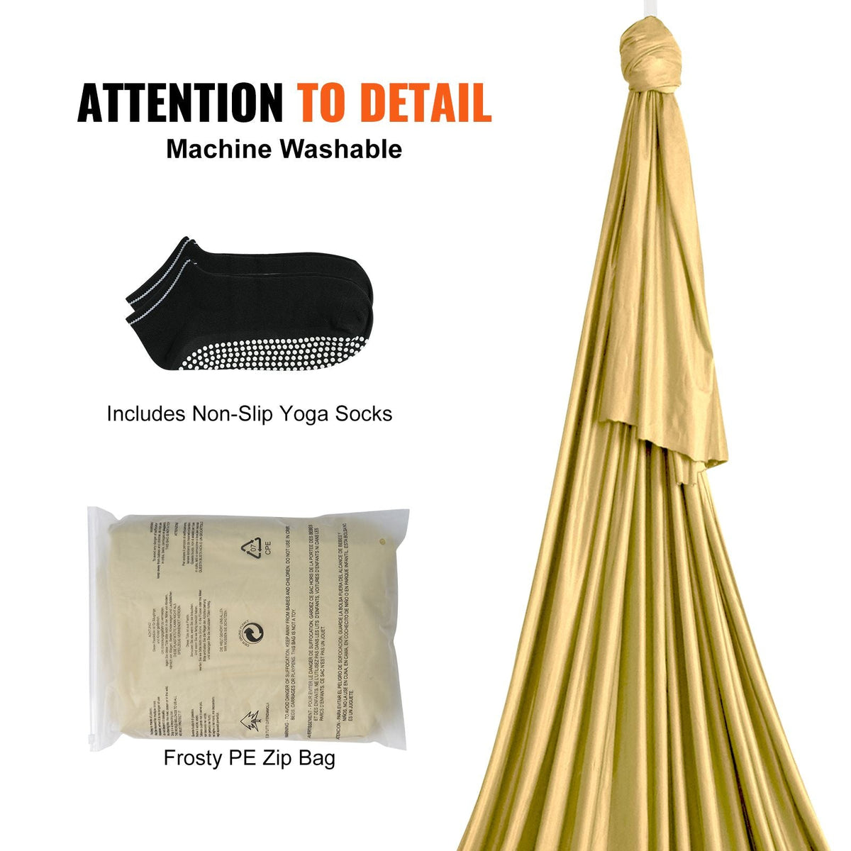 Aerial Yoga Hammock & Swing, 4.4 Yards, Aerial Yoga Starter Kit with 100gsm Nylon Fabric, Full Rigging Hardware & Easy Set-up Guide, Antigravity Flying for All Levels Fitness Bodybuilding, Gold