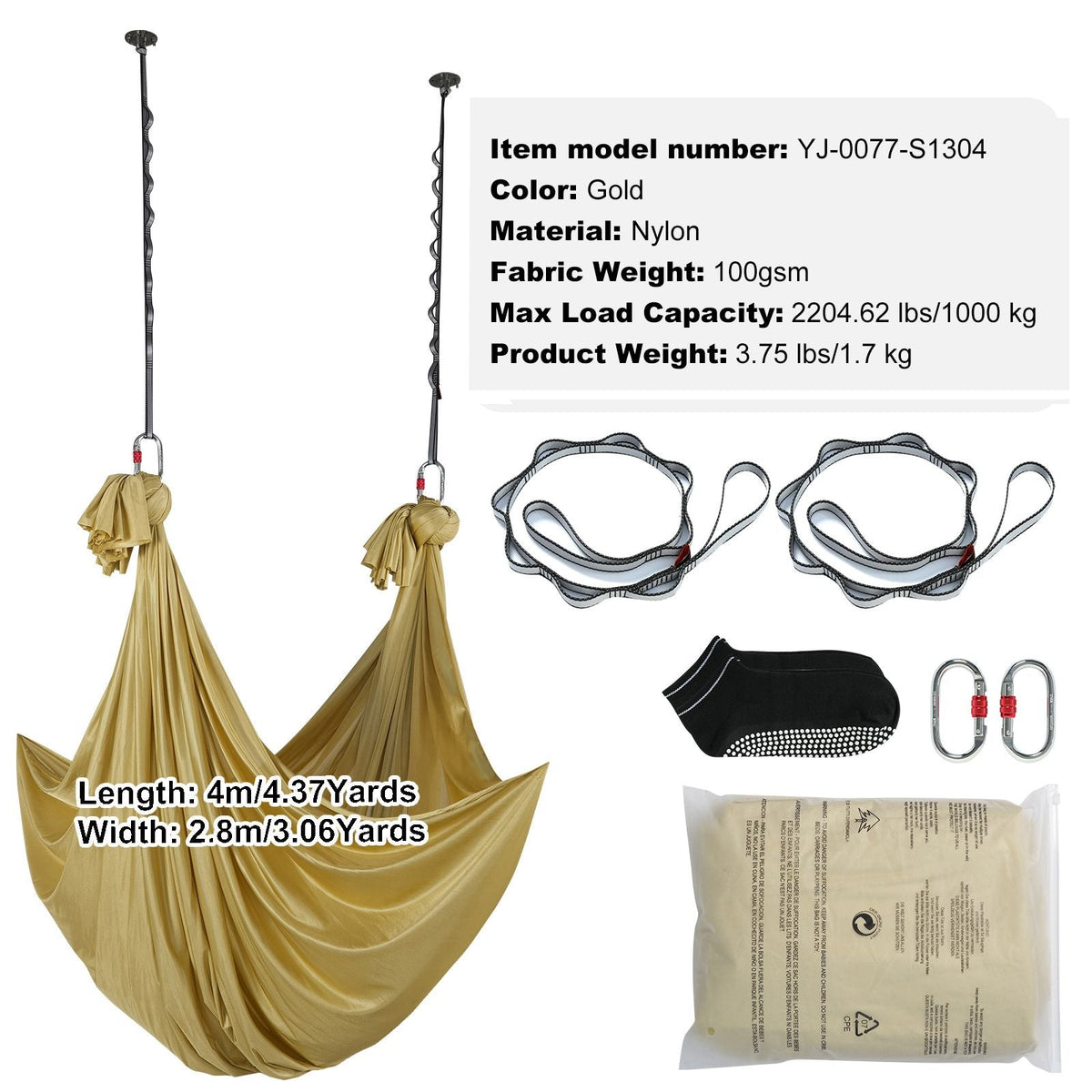 Aerial Yoga Hammock & Swing, 4.4 Yards, Aerial Yoga Starter Kit with 100gsm Nylon Fabric, Full Rigging Hardware & Easy Set-up Guide, Antigravity Flying for All Levels Fitness Bodybuilding, Gold