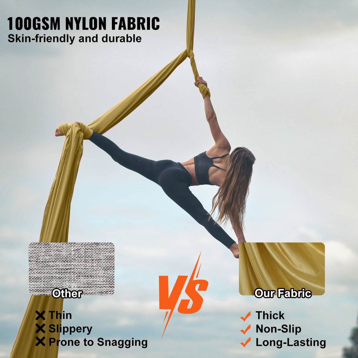Aerial Yoga Hammock & Swing, 4.4 Yards, Aerial Yoga Starter Kit with 100gsm Nylon Fabric, Full Rigging Hardware & Easy Set-up Guide, Antigravity Flying for All Levels Fitness Bodybuilding, Gold