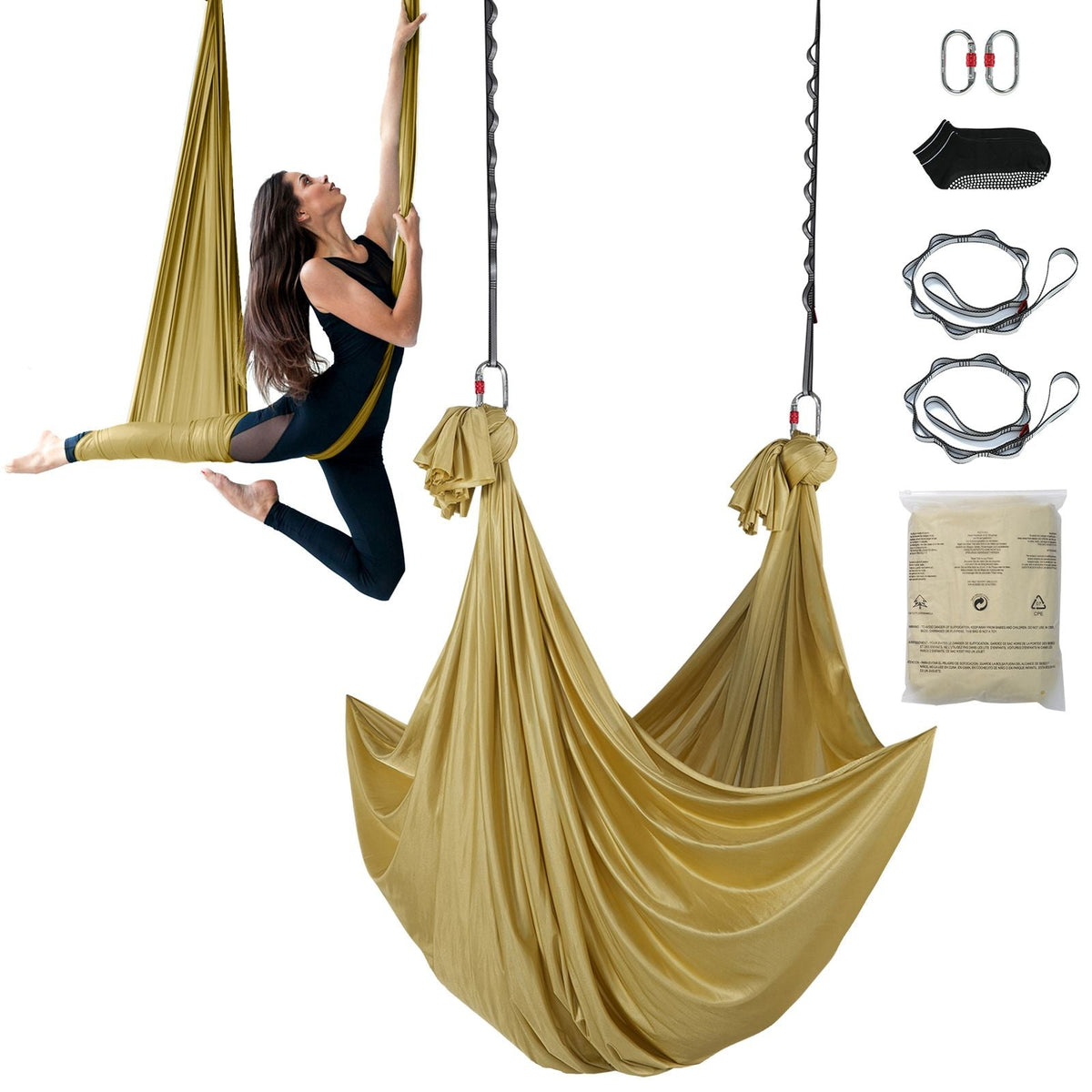 Aerial Yoga Hammock & Swing, 4.4 Yards, Aerial Yoga Starter Kit with 100gsm Nylon Fabric, Full Rigging Hardware & Easy Set-up Guide, Antigravity Flying for All Levels Fitness Bodybuilding, Gold