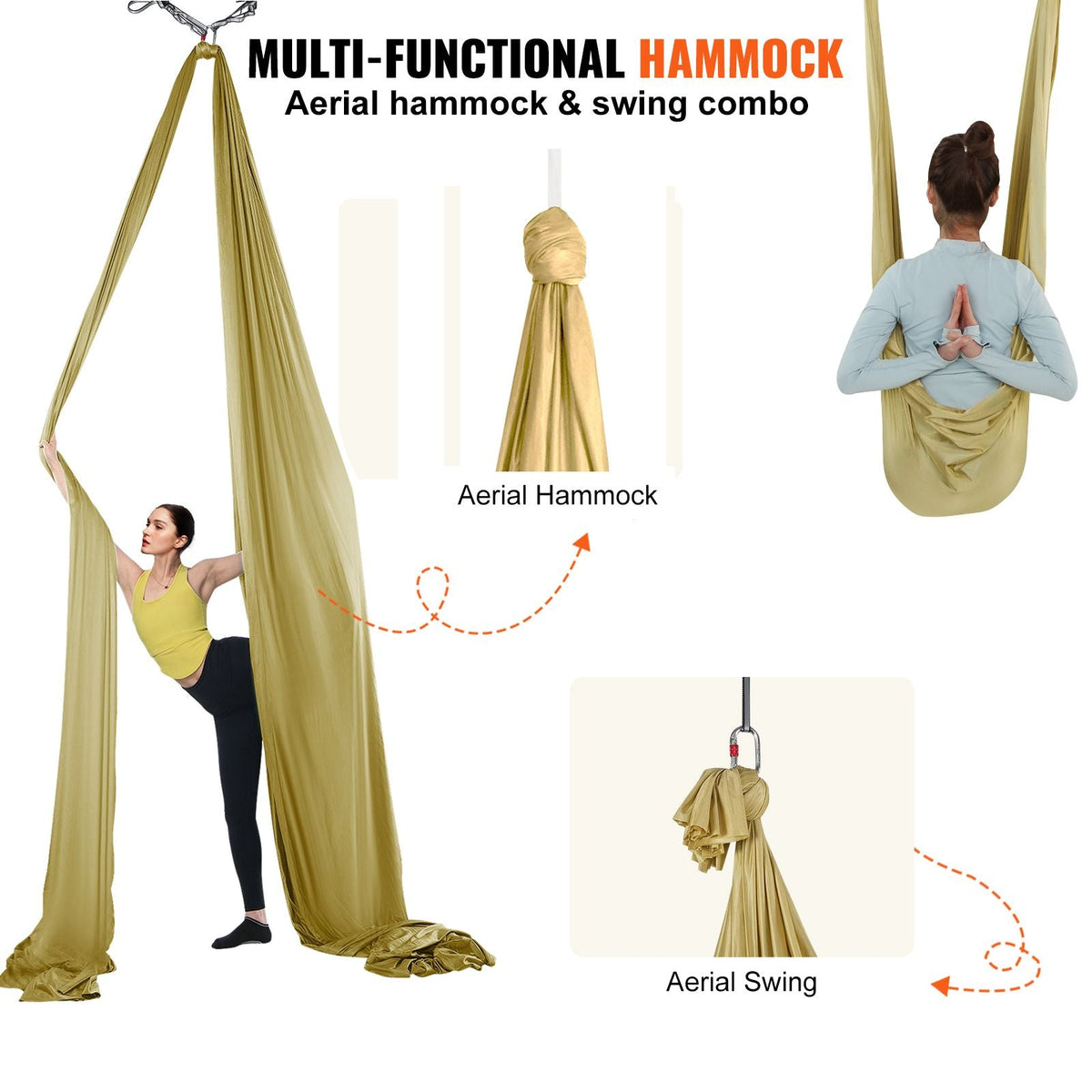 Aerial Yoga Hammock & Swing, 4.4 Yards, Aerial Yoga Starter Kit with 100gsm Nylon Fabric, Full Rigging Hardware & Easy Set-up Guide, Antigravity Flying for All Levels Fitness Bodybuilding, Gold
