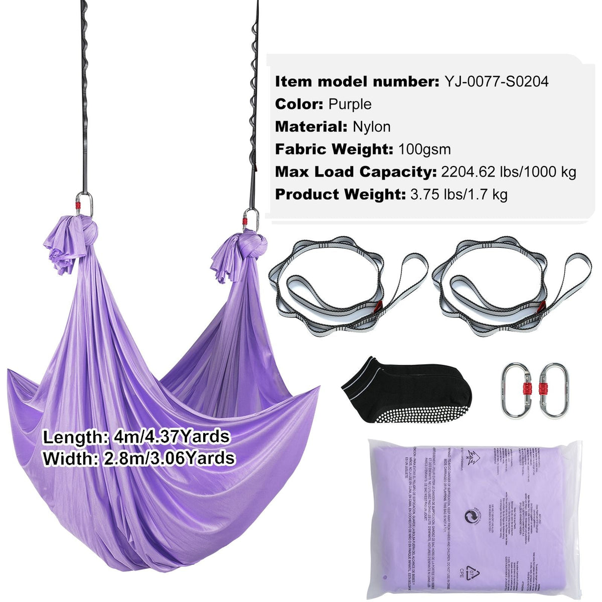 Aerial Yoga Hammock & Swing, 4.4 Yards, Yoga Starter Kit with 100gsm Nylon Fabric, Full Rigging Hardware and Easy Set-up Guide, Antigravity Flying for All Levels Fitness Bodybuilding, Purple
