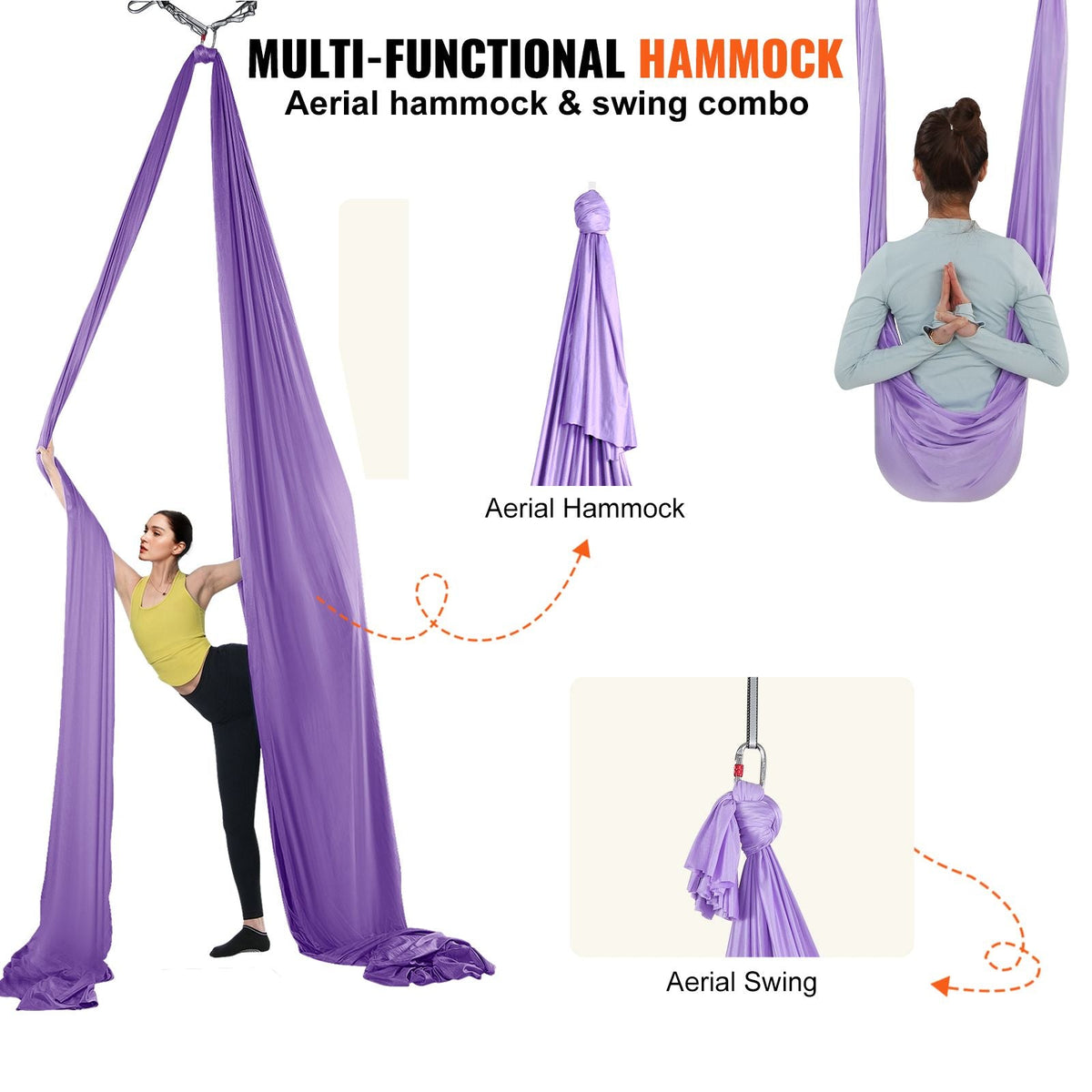 Aerial Yoga Hammock & Swing, 4.4 Yards, Yoga Starter Kit with 100gsm Nylon Fabric, Full Rigging Hardware and Easy Set-up Guide, Antigravity Flying for All Levels Fitness Bodybuilding, Purple