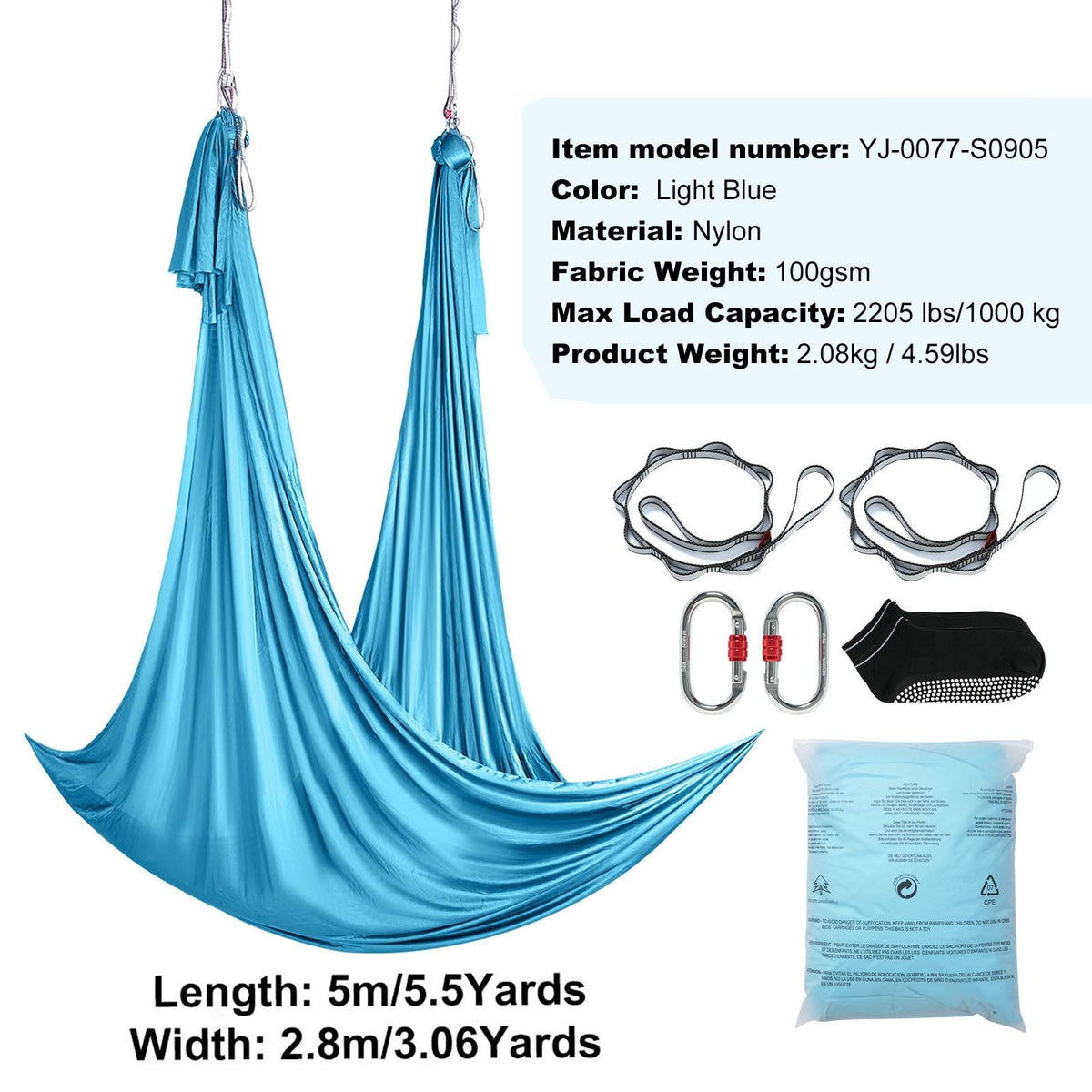 Aerial Yoga Hammock & Swing, 5.5 Yards, Aerial Yoga Starter Kit with 100gsm Nylon Fabric, Full Rigging Hardware & Easy Set-up Guide, Antigravity Flying for All Levels Fitness Bodybuilding, Blue