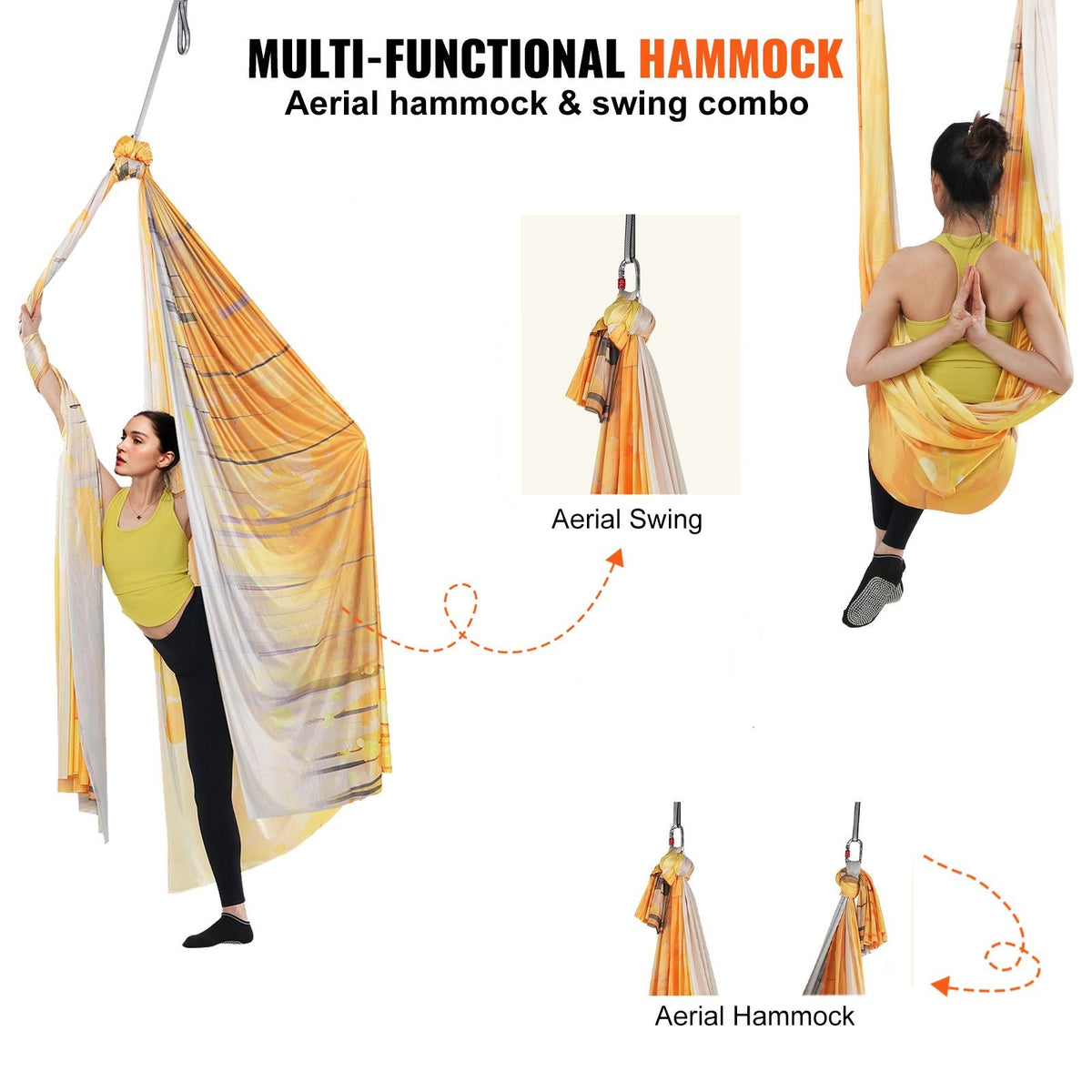 Aerial Yoga Hammock & Swing, 5.5 Yards, Aerial Yoga Starter Kit with 100gsm Nylon Fabric, Full Rigging Hardware & Easy Set-up Guide, Antigravity Flying for All Levels Fitness Bodybuilding, Gold