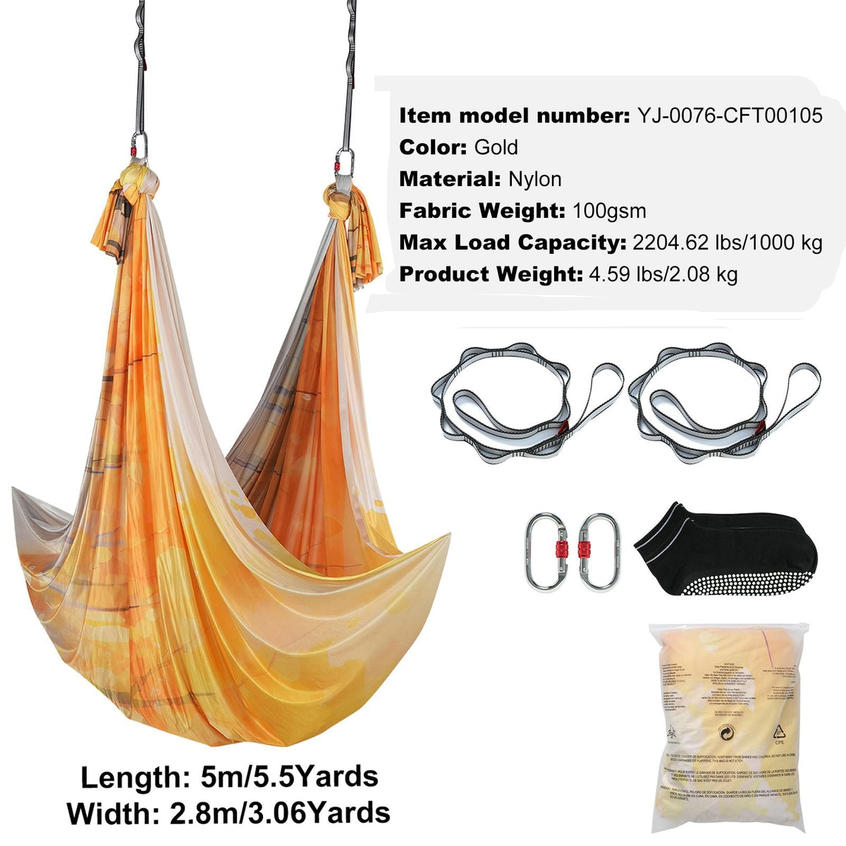 Aerial Yoga Hammock & Swing, 5.5 Yards, Aerial Yoga Starter Kit with 100gsm Nylon Fabric, Full Rigging Hardware & Easy Set-up Guide, Antigravity Flying for All Levels Fitness Bodybuilding, Gold