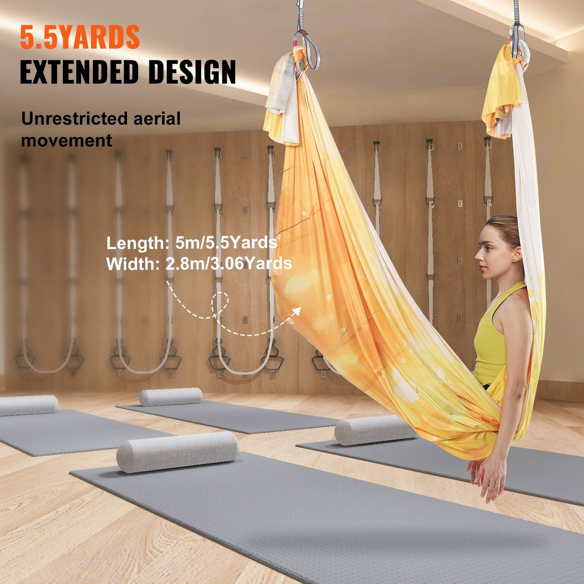 Aerial Yoga Hammock & Swing, 5.5 Yards, Aerial Yoga Starter Kit with 100gsm Nylon Fabric, Full Rigging Hardware & Easy Set-up Guide, Antigravity Flying for All Levels Fitness Bodybuilding, Gold