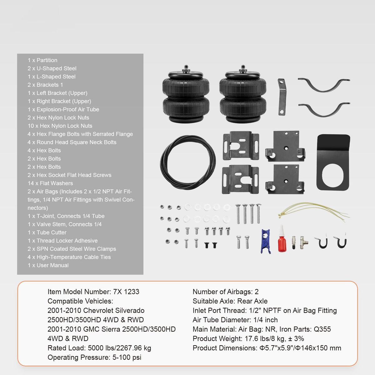 Air Bag Suspension Kit, Air Springs Suspension Bag Kit Compatible with 2001-2010 Chevrolet Silverado 2500/3500HD and GMC Sierra 2500/3500HD 4WD RWD, 5000 lbs Loading, 5 to 100 PSI
