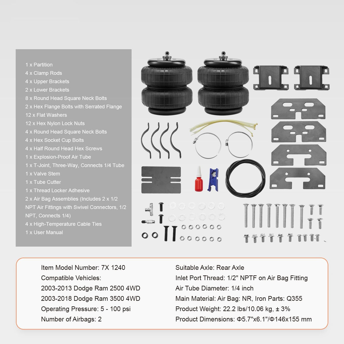 Air Bag Suspension Kit, Air Springs Suspension Bag Kit Compatible with 2003-2013 Dodge Ram 2500 4WD, 2003-2018 Dodge Ram 3500 4WD, 5000 lbs Loading, 5 to 100 PSI