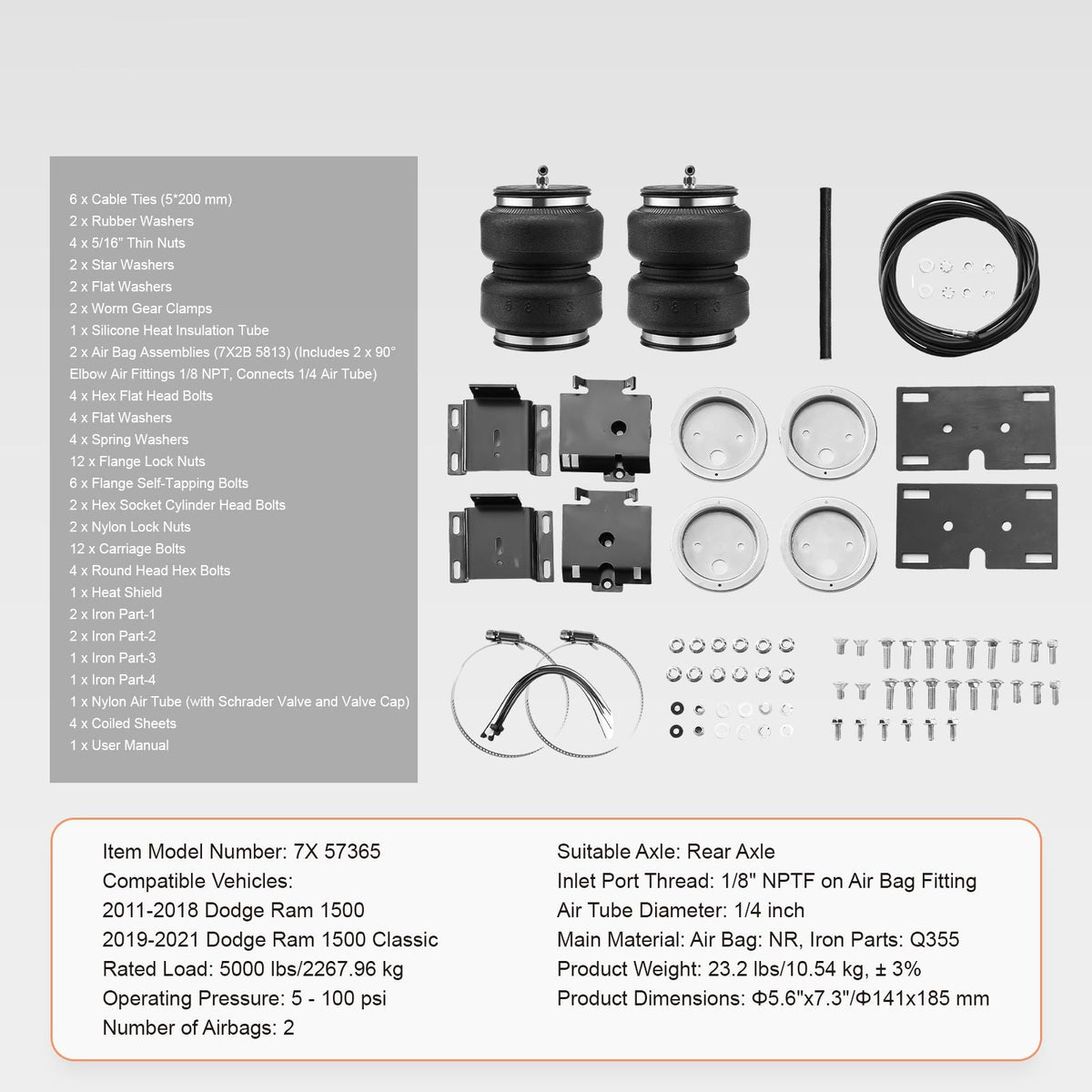 Air Bag Suspension Kit, Air Springs Suspension Bag Kit Compatible with 2011-2018 Dodge Ram 1500, 2019-2021 Dodge Ram 1500 Classic, 5000 lbs Loading, 5 to 100 PSI