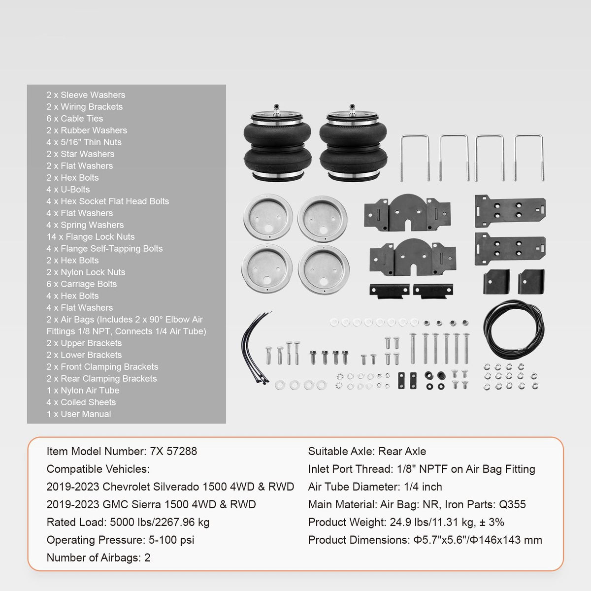 Air Bag Suspension Kit, Air Springs Suspension Bag Kit Compatible with 2019-2023 Chevrolet Silverado 1500 and GMC Sierra 1500 4WD RWD, 5000 lbs Loading, 5 to 100 PSI