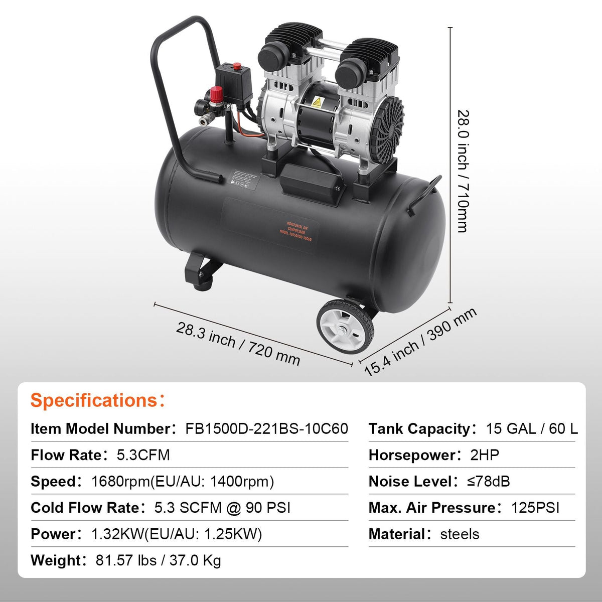 Air Compressor, 15 Gallon Steel Tank, 2HP 5.3 CFM@90 PSI Oil Free Air Compressor & Max. 125PSI Pressure, 78dB Ultra Quiet Portable Compressor, for Auto Repair, Tire Inflation, Spray Painting