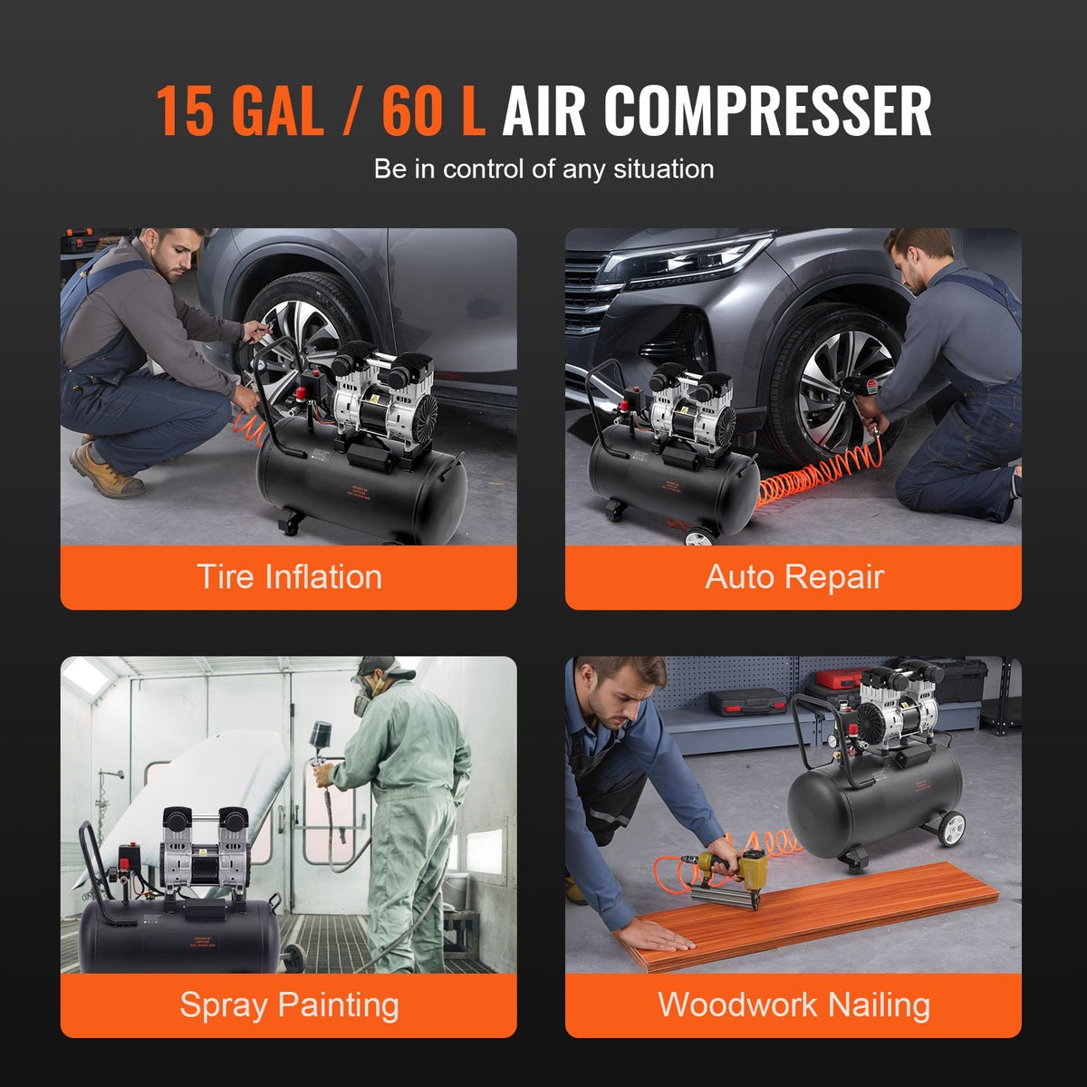 Air Compressor, 15 Gallon Steel Tank, 2HP 5.3 CFM@90 PSI Oil Free Air Compressor & Max. 125PSI Pressure, 78dB Ultra Quiet Portable Compressor, for Auto Repair, Tire Inflation, Spray Painting