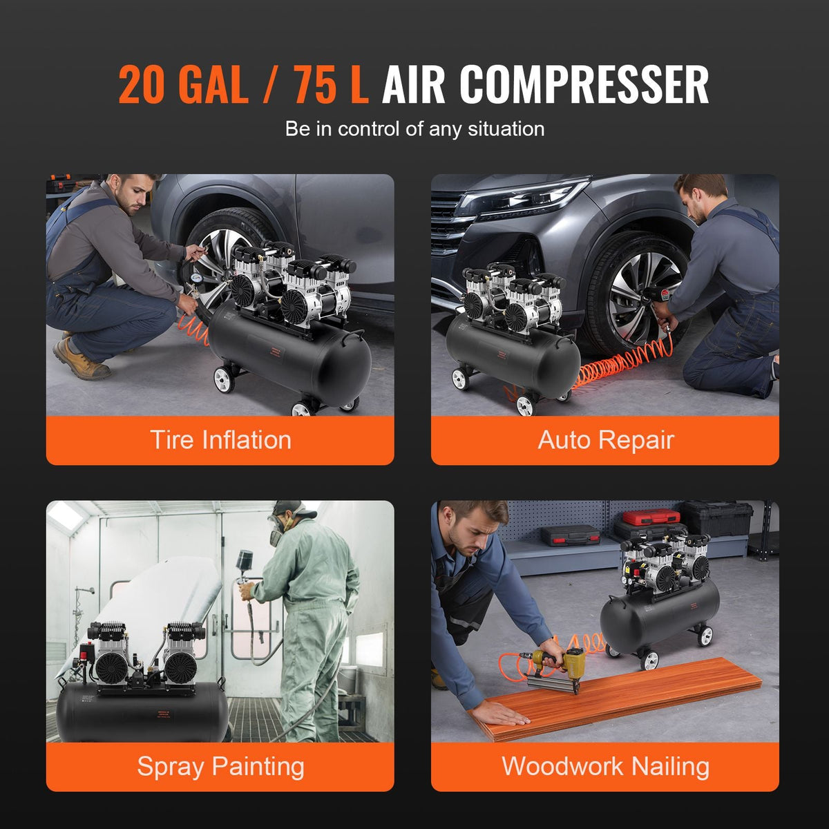 Air Compressor, 20 Gallon Steel Tank, 4HP 10.6 CFM@90 PSI Oil Free Air Compressor & Max. 125PSI Pressure, 78dB Ultra Quiet Portable Compressor, for Auto Repair, Tire Inflation, Spray Painting