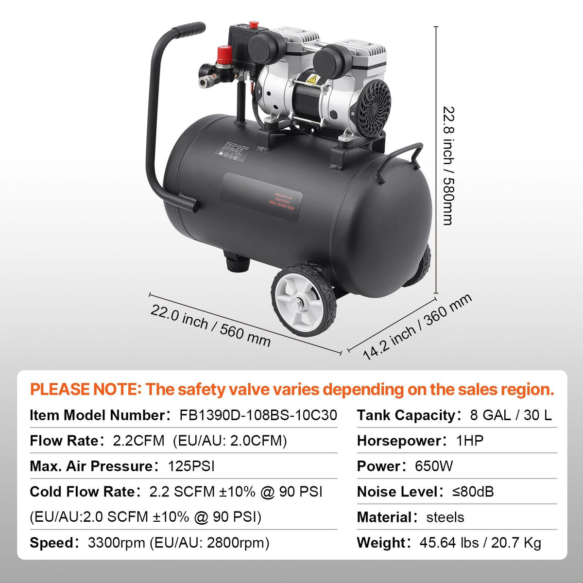 Air Compressor, 8 Gallon Steel Tank, 1HP 2.2 CFM@90 PSI Oil Free Air Compressor & Max. 120PSI Pressure, 80dB Ultra Quiet Portable Compressor, for Auto Repair, Tire Inflation, Spray Painting