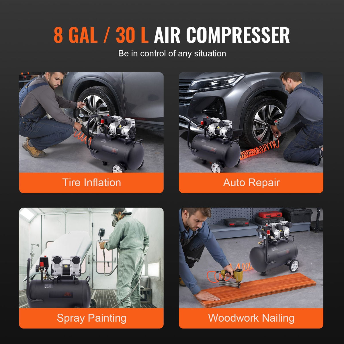 Air Compressor, 8 Gallon Steel Tank, 1HP 2.2 CFM@90 PSI Oil Free Air Compressor & Max. 120PSI Pressure, 80dB Ultra Quiet Portable Compressor, for Auto Repair, Tire Inflation, Spray Painting