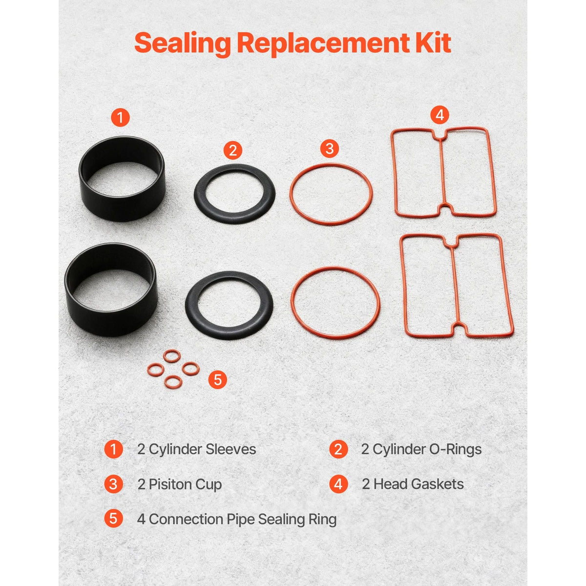 Air Compressor Cylinder Sleeve & Compression Ring Kit, Stainless Steel Air Compressor Replacement Parts, Head Gaskets, Cylinder O-Rings, Sleeves, Piston Rings, Fits 5.2 CFM Compressors