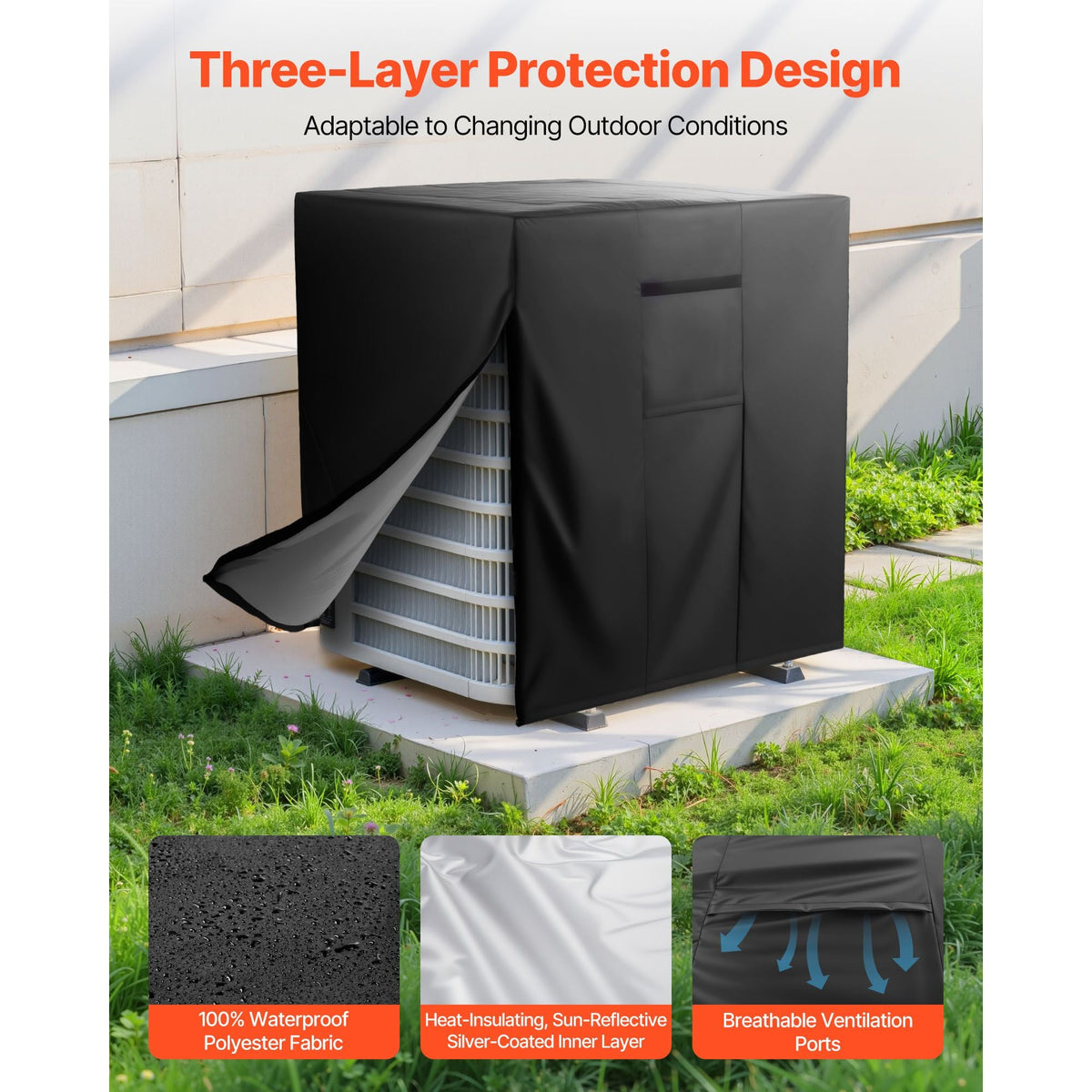 Air Conditioner Cover, 24 x 24 x 30 inch Ac Cover for Air Conditioning Unit, Three-Layer, Waterproof Polyester Fabric, Mesh Ventilation, Universal Defender for Outdoor Outside Ac Unit, Black