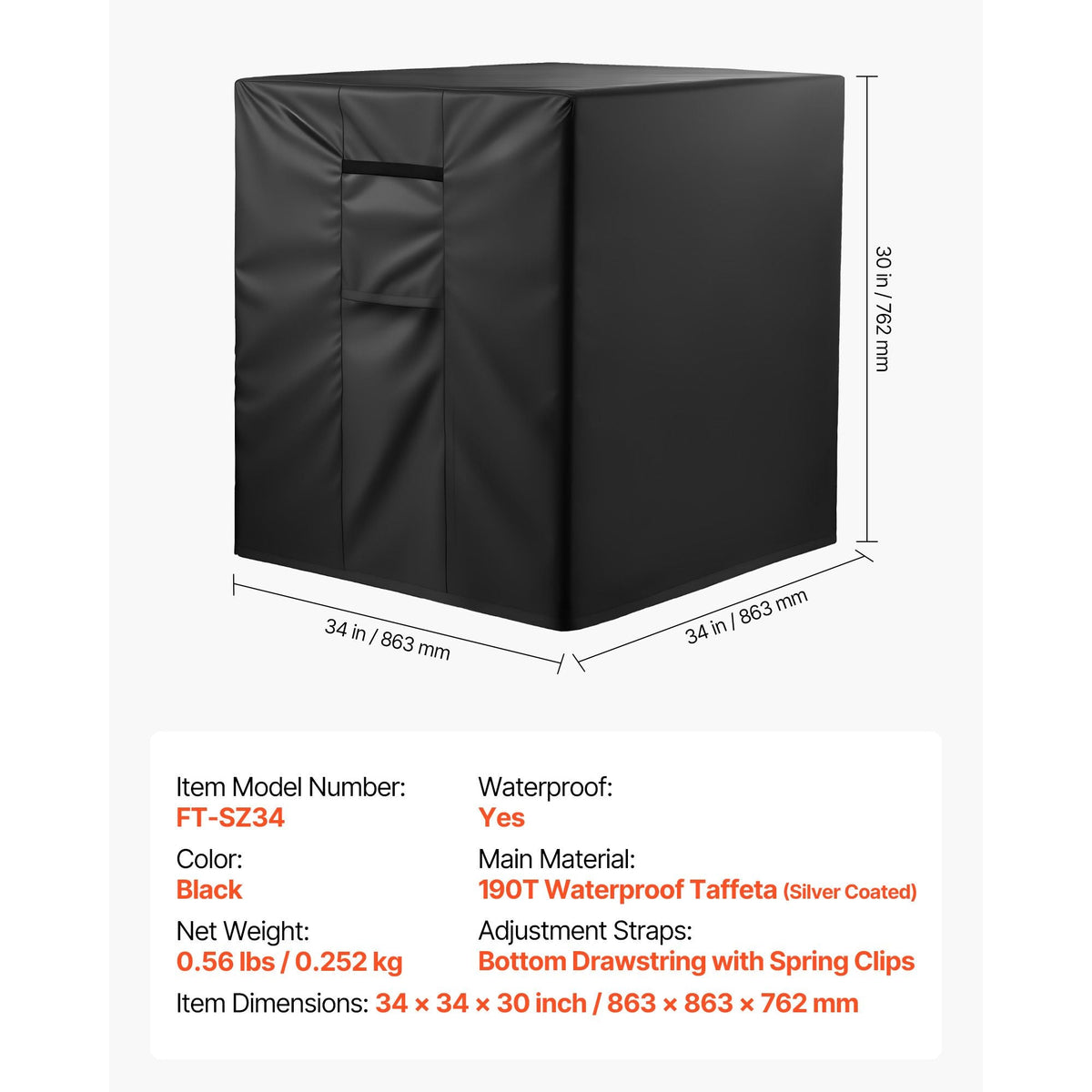Air Conditioner Cover, 34 x 34 x 30 inch Ac Cover for Air Conditioning Unit, Three-Layer, Waterproof Polyester Fabric, Mesh Ventilation, Universal Defender for Outdoor Outside Ac Unit, Black