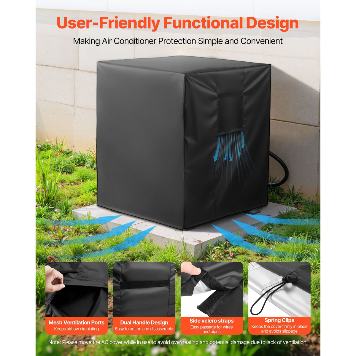 Air Conditioner Cover, 34 x 34 x 30 inch Ac Cover for Air Conditioning Unit, Three-Layer, Waterproof Polyester Fabric, Mesh Ventilation, Universal Defender for Outdoor Outside Ac Unit, Black