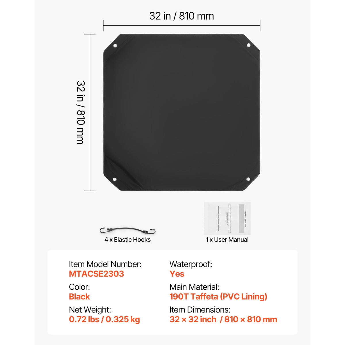 Air Conditioner Cover for Outside Units, 32 x 32 inch Central AC Cover for Air Conditioning Unit, Top Universal Mesh Defender Rainproof Easy Install for Outdoor Outside All Seasons, Black