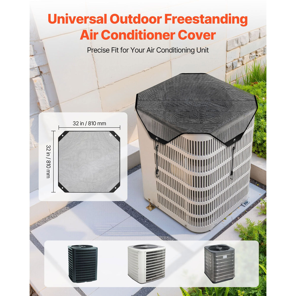 Air Conditioner Cover for Outside Units, 32 x 32 inch Central AC Cover for Air Conditioning Unit, Top Universal Mesh Defender Tear-Resistant Easy Install for Outdoor Outside All Seasons, Black