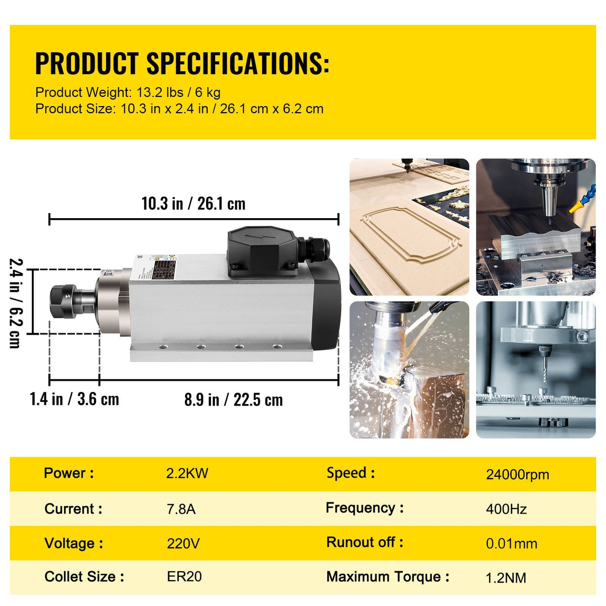 Air Cooled Spindle Motor 2.2KW CNC Spindle Motor 220V Square Air Cooled Spindle Motor ER20 Collet 24000 RPM CNC Spindle 6A Spindle Motor 400 Hz for CNC Router Engraving Milling Machine
