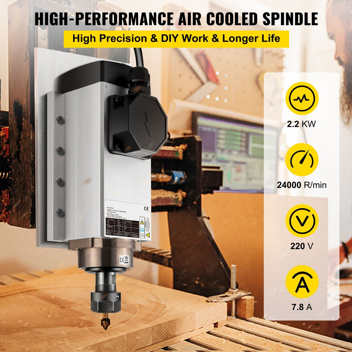 Air Cooled Spindle Motor 2.2KW CNC Spindle Motor 220V Square Air Cooled Spindle Motor ER20 Collet 24000 RPM CNC Spindle 6A Spindle Motor 400 Hz for CNC Router Engraving Milling Machine