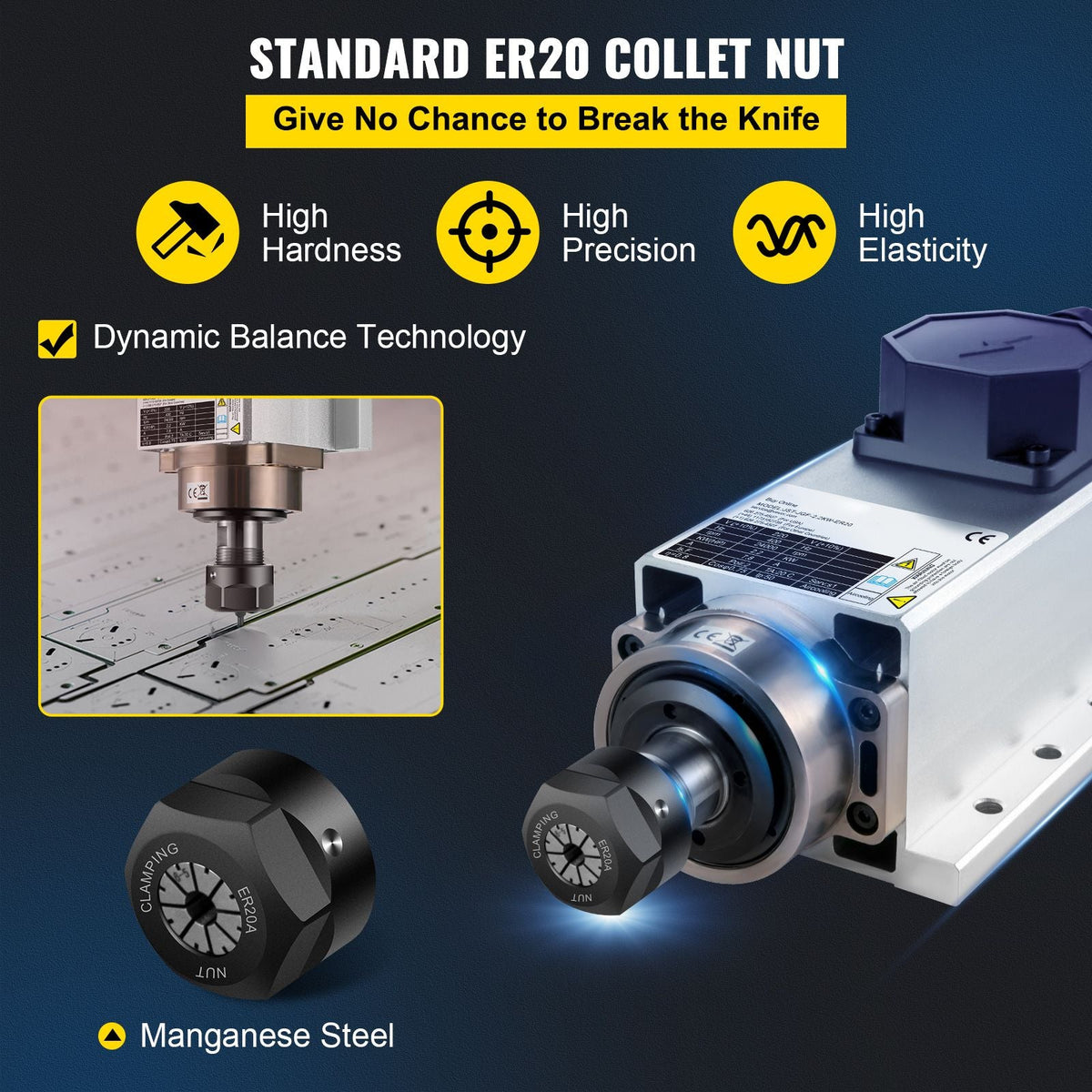 Air Cooled Spindle Motor 2.2KW CNC Spindle Motor 220V Square Air Cooled Spindle Motor ER20 Collet 24000 RPM CNC Spindle 6A Spindle Motor 400 Hz for CNC Router Engraving Milling Machine