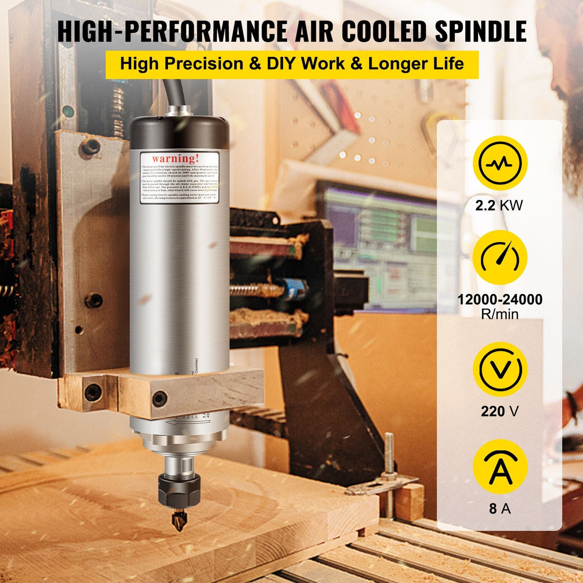 Air Cooled Spindle Motor ER20 CNC Spindle Milling Motor 2.2KW Spindle Motor 24000 RPM 400 Hz for CNC Router Engraving Milling Grind Machine(220V)