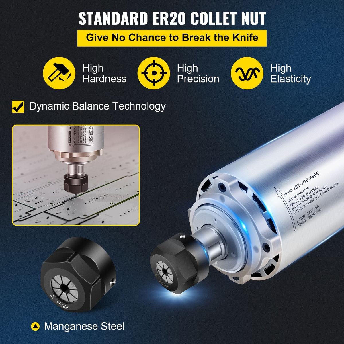 Air Cooled Spindle Motor ER20 CNC Spindle Milling Motor 2.2KW Spindle Motor 24000 RPM 400 Hz for CNC Router Engraving Milling Grind Machine(220V)