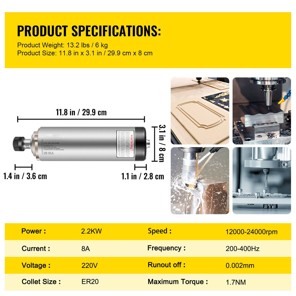 Air Cooled Spindle Motor ER20 CNC Spindle Milling Motor 2.2KW Spindle Motor 24000 RPM 400 Hz for CNC Router Engraving Milling Grind Machine(220V)