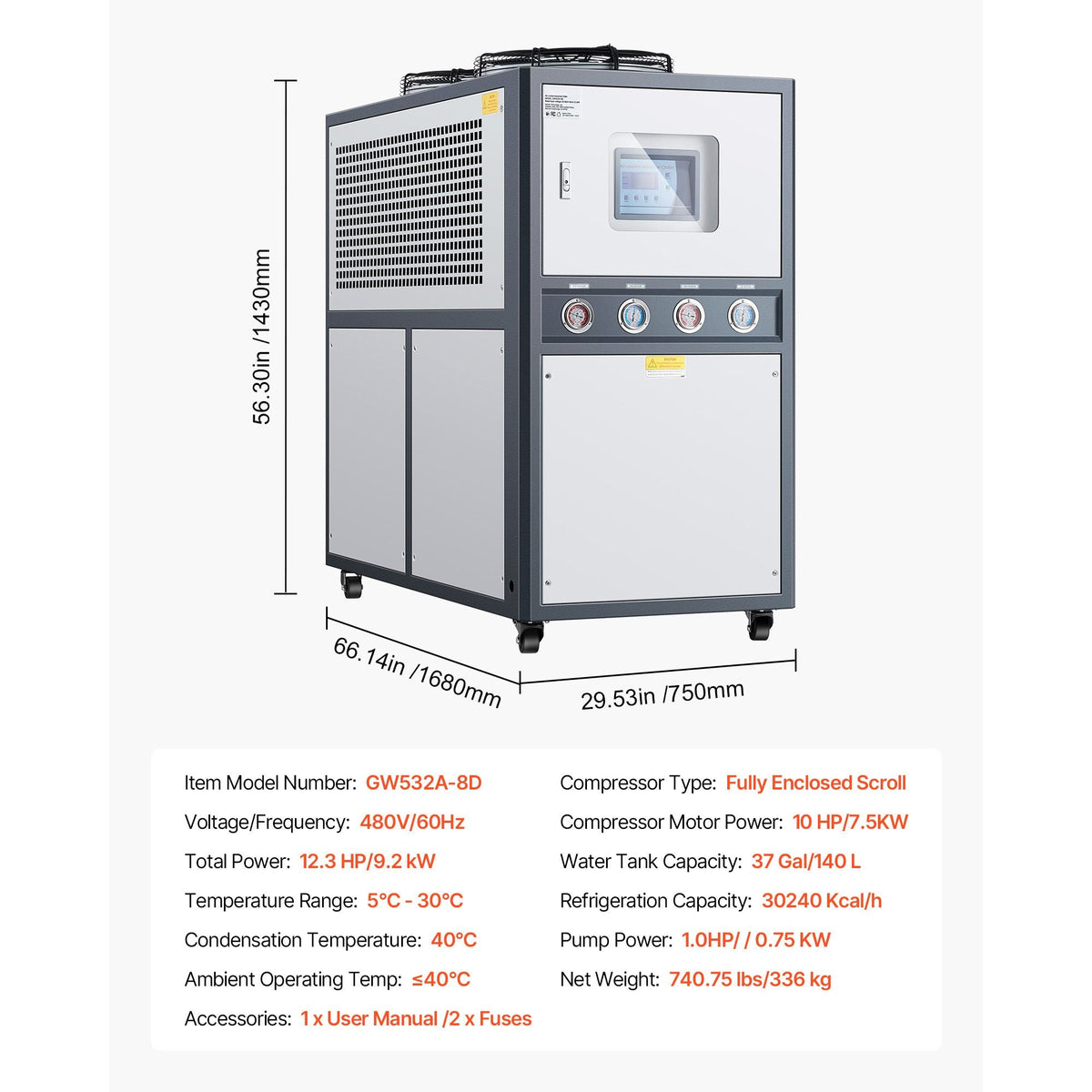 Air-Cooled Water Chiller, 12.3 HP, Industrial Water Chiller with 30,240 Kcal/h Cooling Capacity, Dual Compressor, 37 Gal Large Tank, LED Display, Cooler for Cooling Water, Not Air Conditioner