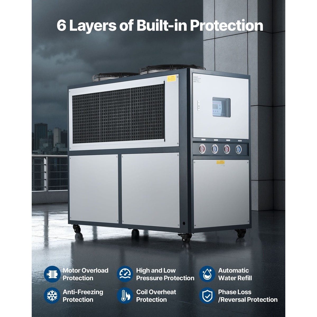 Air-Cooled Water Chiller, 16.67 HP, Industrial Water Chiller with 45,360 Kcal/h Cooling Capacity, Dual Compressor, 53 Gal Large Tank, LED Display, Cooler for Cooling Water, Not Air Conditioner