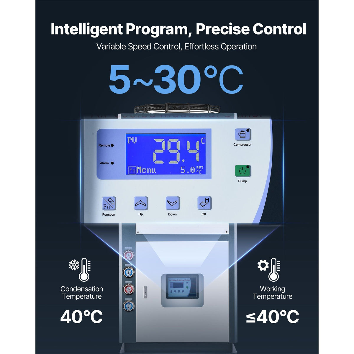 Air-Cooled Water Chiller, 25 HP, Industrial Water Chiller with 60,480 Kcal/h Cooling Capacity, Dual Compressor, 53 Gal Large Tank, LED Display, Cooler for Cooling Water, Not Air Conditioner