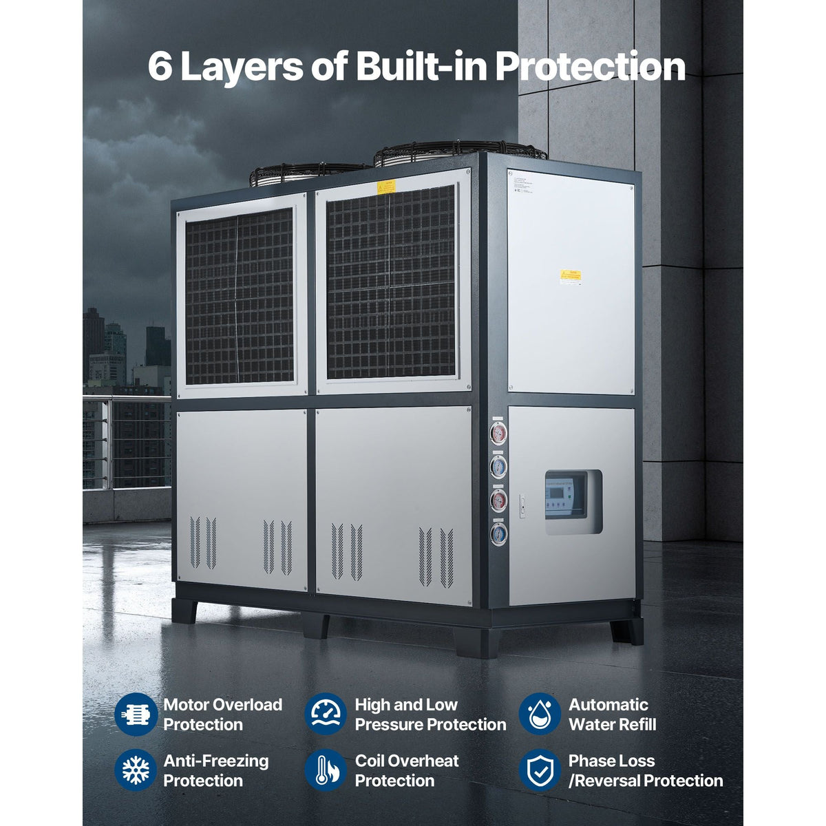 Air-Cooled Water Chiller, 25 HP, Industrial Water Chiller with 60,480 Kcal/h Cooling Capacity, Dual Compressor, 53 Gal Large Tank, LED Display, Cooler for Cooling Water, Not Air Conditioner