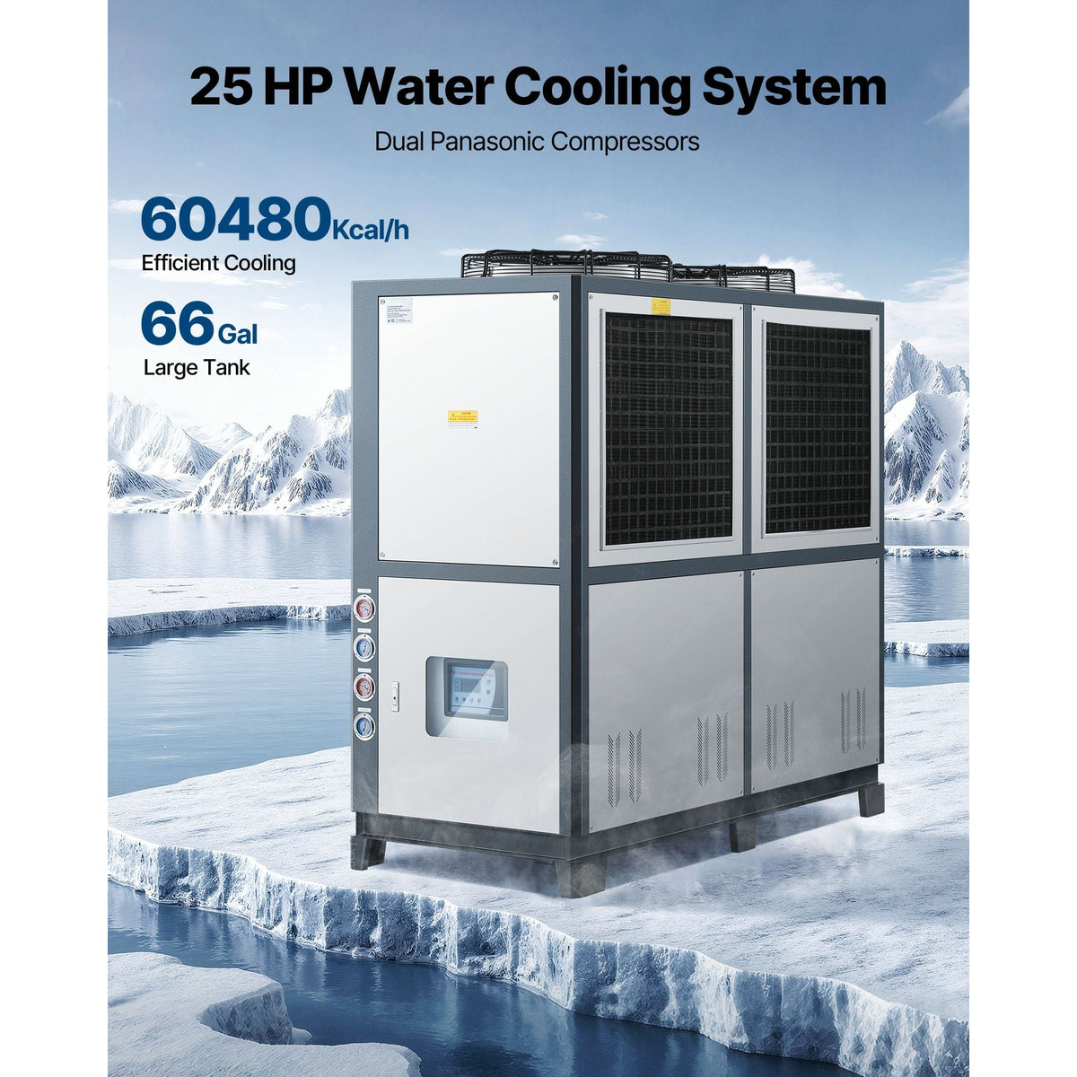 Air-Cooled Water Chiller, 25 HP, Industrial Water Chiller with 60,480 Kcal/h Cooling Capacity, Dual Compressor, 53 Gal Large Tank, LED Display, Cooler for Cooling Water, Not Air Conditioner