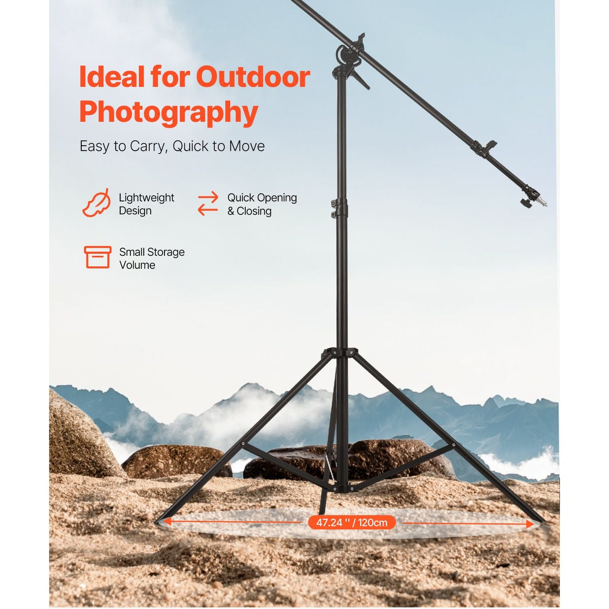 Air Cushioned Aluminum Light Stand, Max Height 12.8 ft/390 cm, Adjustable Photography Stand with Boom Arm, Sandbag, Max Load 5kg, 1/4 in Screw for Softbox, Studio Flash, Umbrella, Ring Light