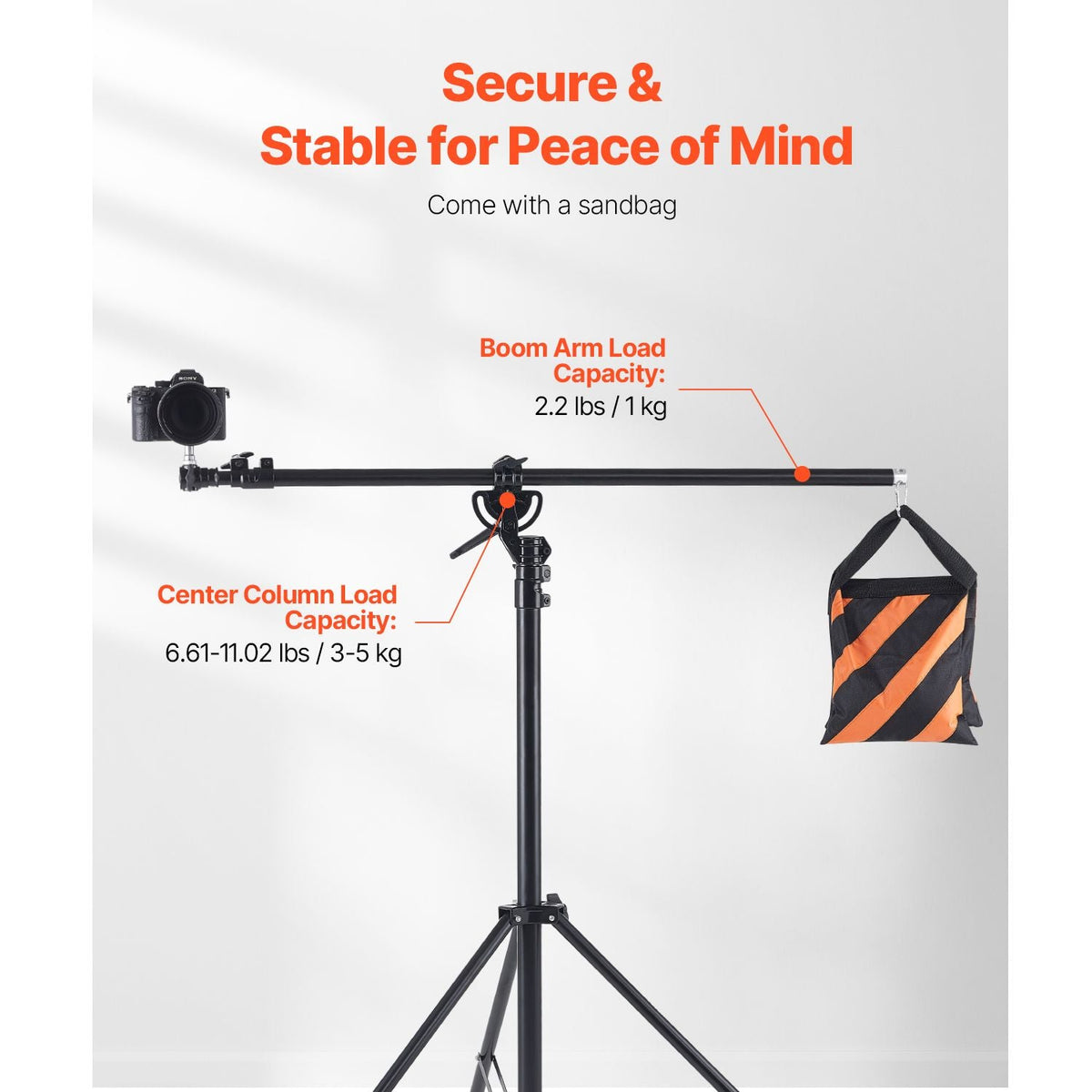 Air Cushioned Aluminum Light Stand, Max Height 12.8 ft/390 cm, Adjustable Photography Stand with Boom Arm, Sandbag, Max Load 5kg, 1/4 in Screw for Softbox, Studio Flash, Umbrella, Ring Light