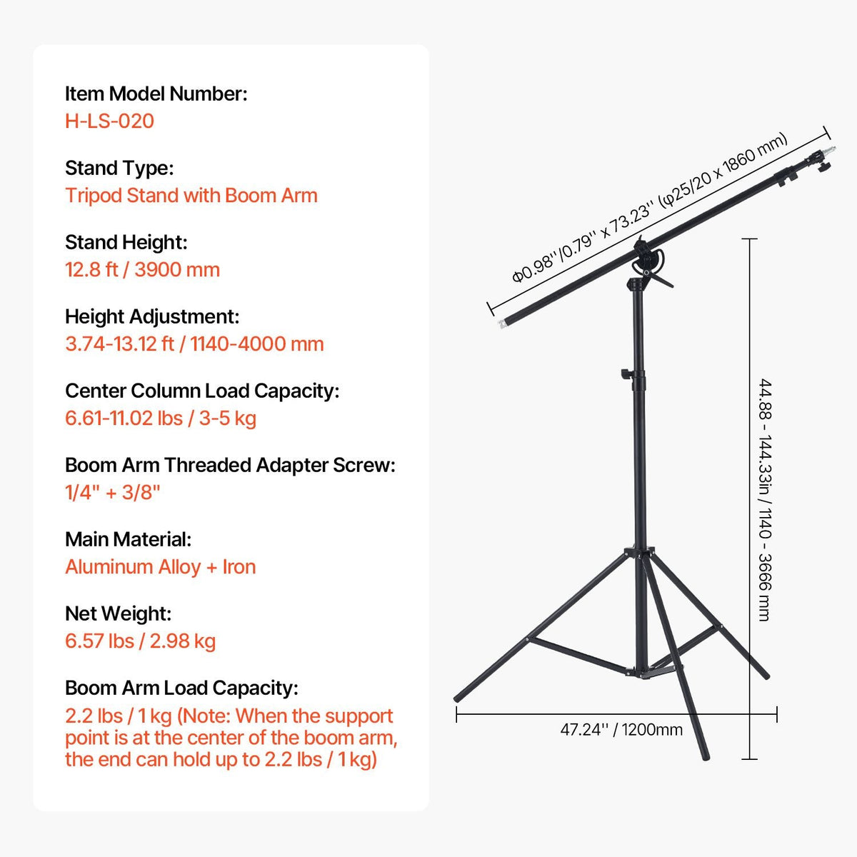 Air Cushioned Aluminum Light Stand, Max Height 12.8 ft/390 cm, Adjustable Photography Stand with Boom Arm, Sandbag, Max Load 5kg, 1/4 in Screw for Softbox, Studio Flash, Umbrella, Ring Light