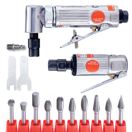 Air Die Grinder Kit, Right Angle Grinder w/ Die Grinder Combo & 10PCS Single Cut Carbide Burr Set, Lightweight, Ball Bearing Construction for Grinding, Deburring, Cutting, Polishing