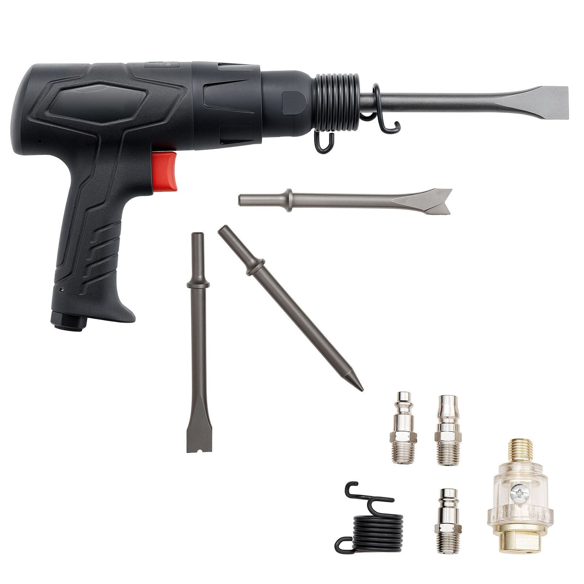 Air Hammer, 2500-2700BPM Pneumatic Hammer with 2.76-inch Stroke & 4PCS 6.7" Long Barrel Chisels, Pistol-Grip Compact Air Chisel Pneumatic Shovel Tool for Cutting Scraping Demolishing